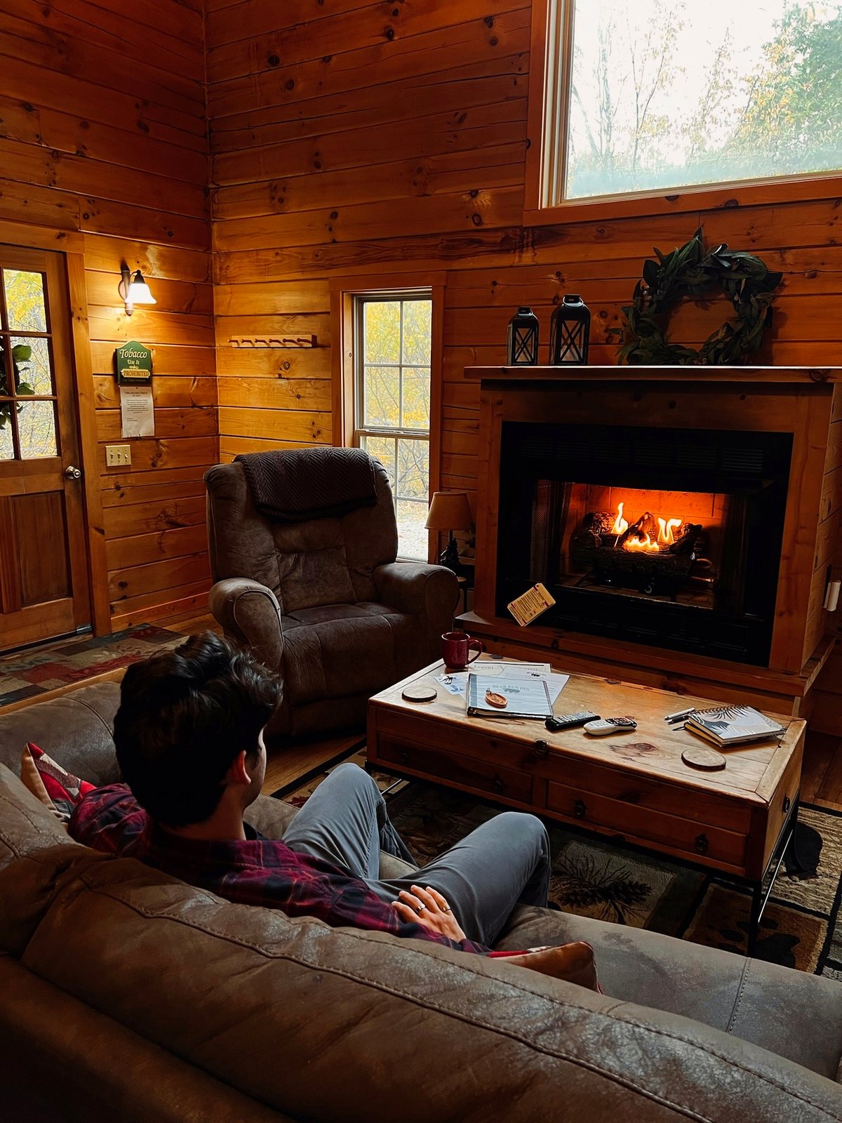 The gas fireplace lit in the living room at Redbud Cabin, autumn through the windows